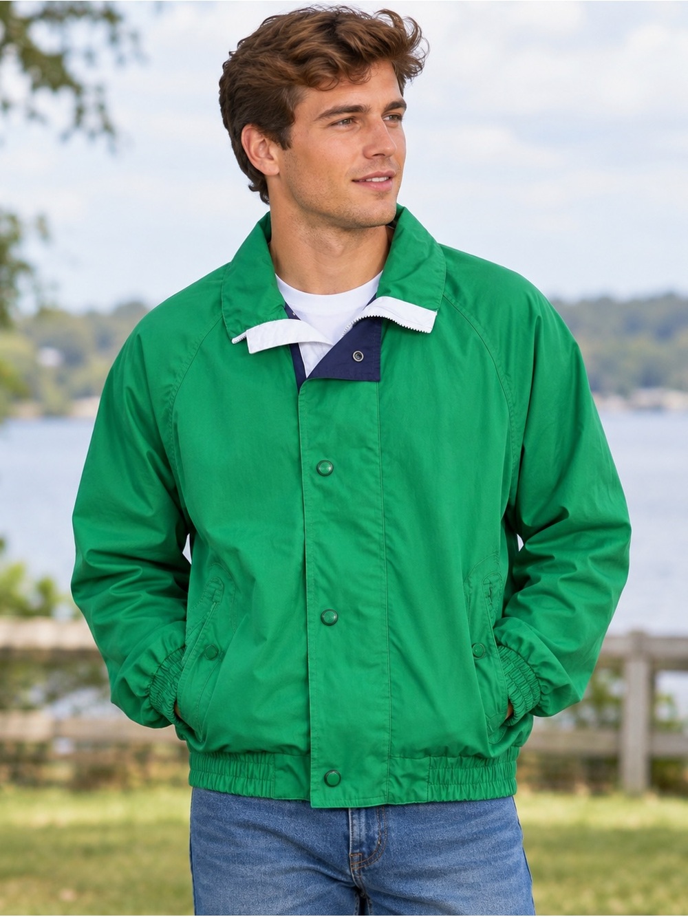 Vintage London Fog Jacket Windbreaker Sporty Mens Large Green Bomber 90s Retro